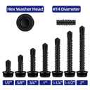#14 x 1-3/4" Hex Washer Head Self Tapping Screws, TEK Screws, Self Drilling, Stainless Steel 410 Sheet Metal Screws, Black Finish, 50 PCS