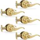 Moquin Privacy Wavy Style Gold Door Handles with Lock (No Key), Brushed Gold Door Handles with Reversible Lever for Bathroom and Closet, Satin Brass, 5 Pack