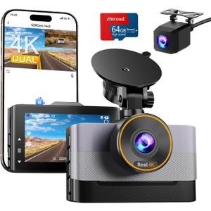 4K Dash Cam Front and Rear, Dual Dash Camera for Cars with 64G SD Card, 3" IPS Dashcam with Night Vision, Time Lapse, 24H Parking Mode, 170 Wide Angle, G-Sensor, Loop Recording, Real WDR