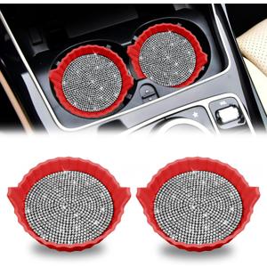 3 x Bling Car Cup Holder Coaster,Non-Slip Sparkly Crystal Rhinestone Car Cup Holder Coasters,Non-Slip Durable Car Coasters,Universal Car Cup Holder Insert (Red Whole Rhinestone, 2 Pack)