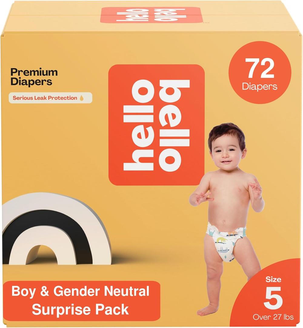 Hello Bello Premium Diapers, Size 5 (27 lbs) Surprise Pack for Boys, 72 Count, Hypoallergenic with Soft, Cloth-Like Feel, Boy and Gender Neutral Patterns (Boy/Neutral)