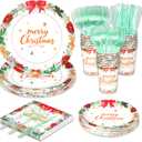 175 Pcs Christmas Paper Plates and Napkins Sets wreath, bell, bowknot Disposable Tableware Set Includes Dinner & Dessert Paper Plates, Napkins, Cups & Forks Christmas Party Supplies Serve 25 (Red)