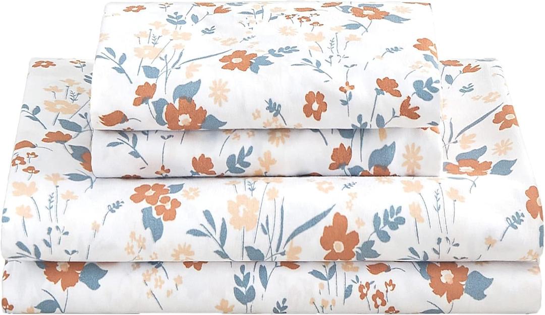 Softan Floral Queen Sheet Set Orange Flower Printed Bed Sheets - 4 Piece Soft Microfiber Patterned Fitted Sheets with 15" Deep Pocket and Corner Straps, Cute Spring Sheets & Pillowcase Set