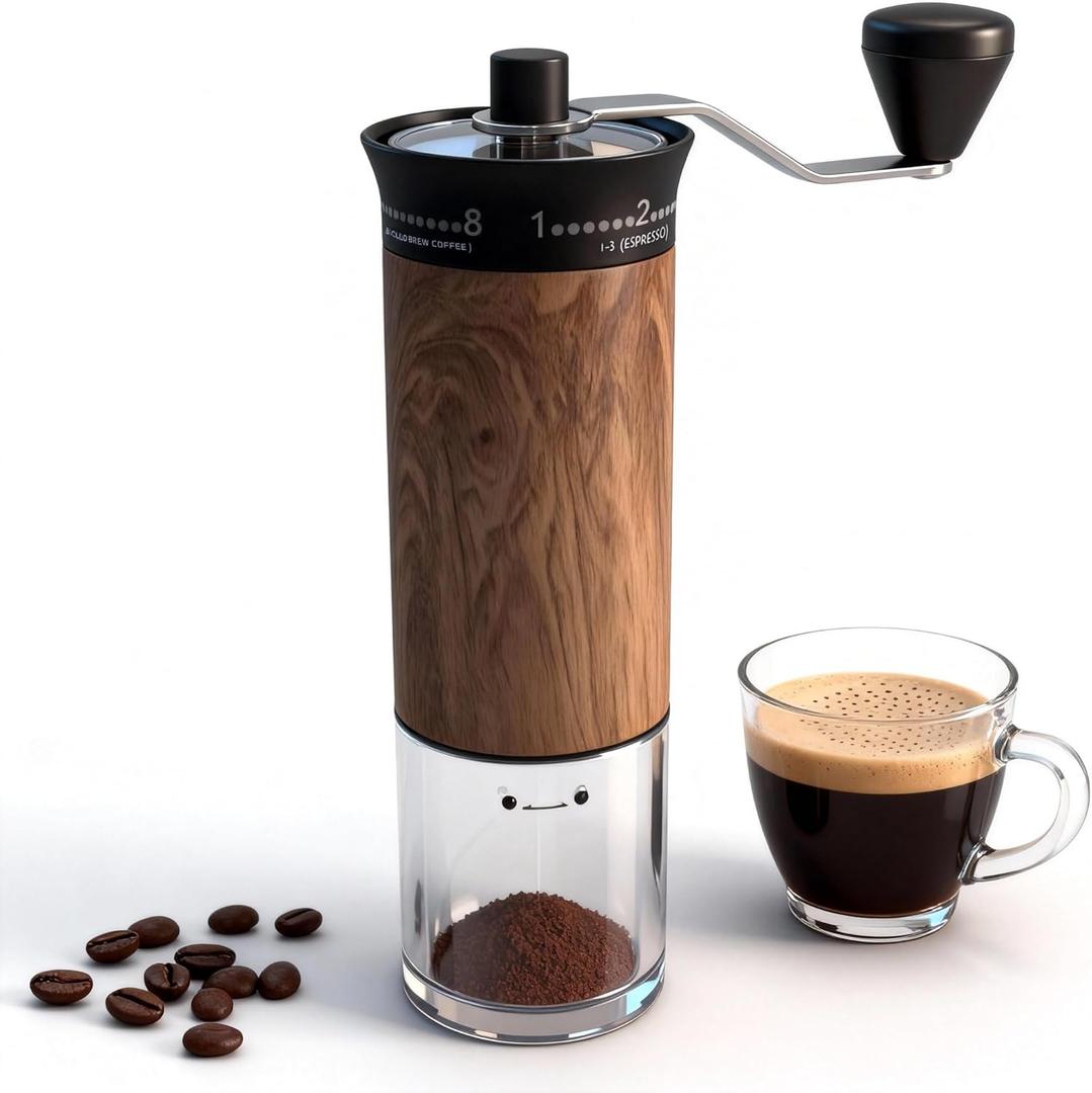 LAMIDO Mini Manual Coffee Grinder, 56 External Grind Settings, Ceramic Burr, Stainless Steel, Portable Hand Grinder for Travel, Camping, Home Brewing, Wood Grain