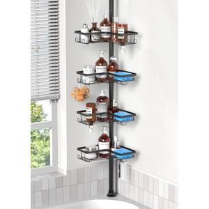 ZUNTO Shower Caddy Corner for Bathroom, Tension Pole, Adjustable 25in-114in Floor to Ceiling, Standing Shower Tension Rod Organizer with Hooks, 4 Tier Storage Shelves, Matte Black