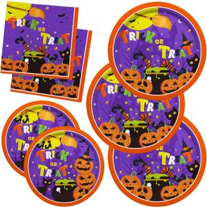 Halloween Party Supplies Kit Serve 50Halloween Witch Pumpkin Design Includes Disposable Dinner Plates, Dessert Plates and Napkins, Birthday Party Decorations