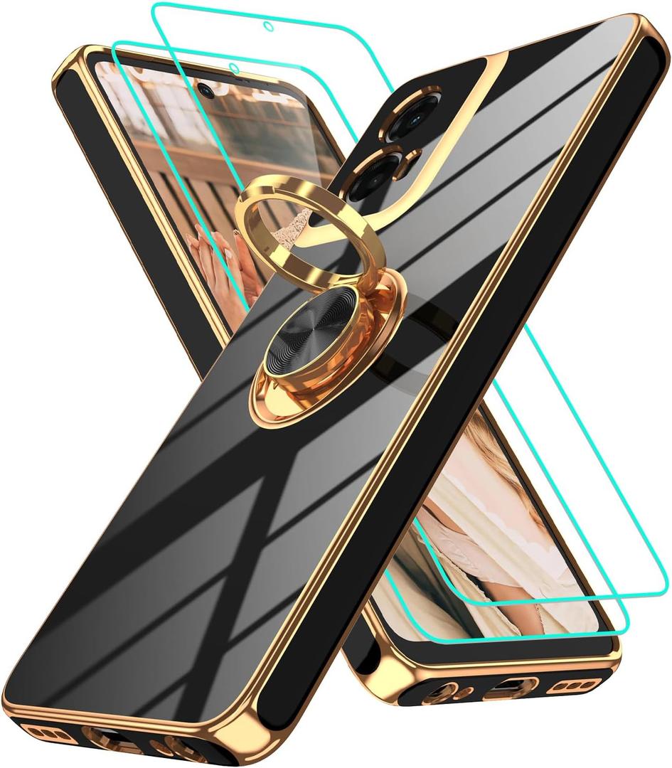 for Motorola Moto G 5G 2024 Case: Moto G Play 5G 2024 Case with 2Pcs Screen Protector,360 Rotation Ring Holder Magnetic Kickstand,Plating Gold Edge Soft TPU Protective Cover, Black