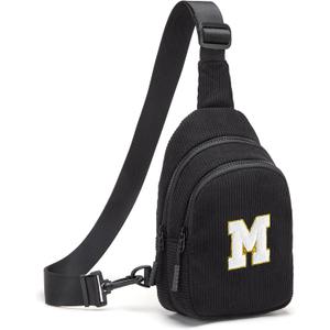 Small Corduroy Sling Bag Initial Crossbody Bag Fanny Pack for Girls Personalized Birthday Gifts for Teen Girls Gifts (Black)