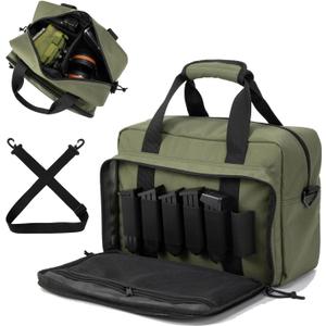 Small Range Bag For 2 Pistols Gun Range Bags For Handguns And Ammo Dual Pistol Handgun Revolver Hunting Bag Gun Carrying Case/Lockable Zippers (ArmyGreen)