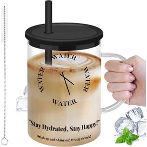 NiHome 33oz Glass Handle Cup with Silicone Lid and Straw for Daily Hydration, Large Capacity for Hot Tea, Iced Coffee, Smoothies, Ergonomic Design with Modern Minimalist Clock Pattern, Dishwasher Safe (33.8 Ounces)