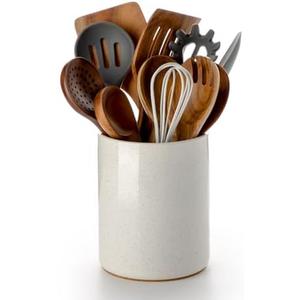 Nucookery Utensil Holder, 6.4" Ceramic Kitchen Utensil Holder for Countertop with Protection Cork Bottom, Vintage Farmhouse Kitchen Decor for Counter, Gift (Sand)