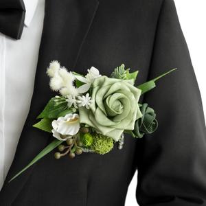 Ling's Moment Pocket Boutonniere Single, Boutonniere for Men Groom for Wedding, Prom, Homecoming, Anniversary, Graduation, etc.Green Beige (6" W x 5" H, Grn-green & Beige)
