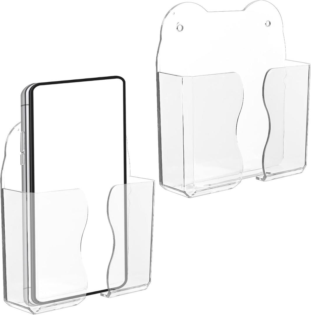 2pcs Wall Mount Phone Holders for Bed, Transparent Plastic Cell Phone Shelf Cellphone Wall Mounted Holder Remote Control Bedside Organizer Accessories Compatible with iPhone Android