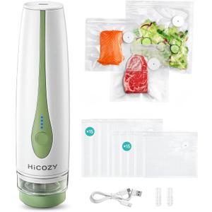 HiCOZY Vacuum Sealer for Food with Visible Water Tank, Powerful Compact Handheld Vacuum Sealer Machine with LED Battery Display, 30 BPA-Free and Reusable Bags, Green