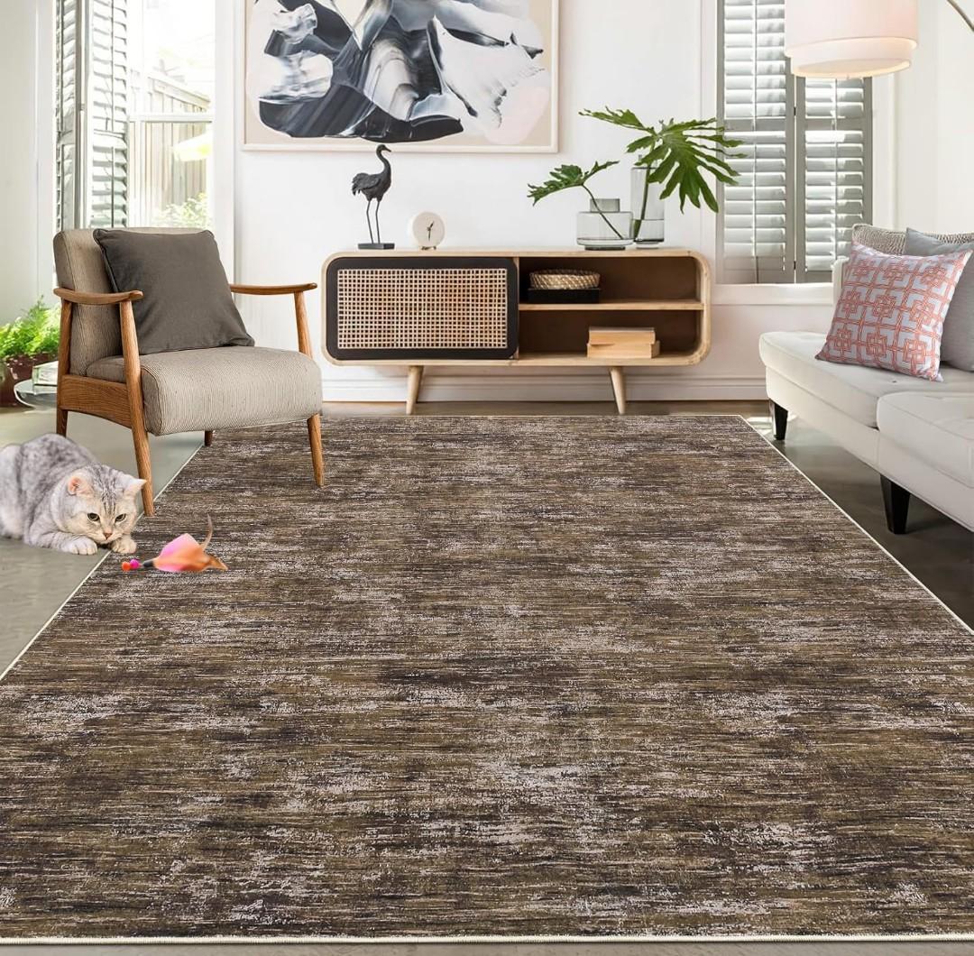 Living Room Area Rug 9x12 Machine Washable Rug Non-Slip Stain Resistant Modern Abstract Bedroom Rug Contemporary Throw Floor Carpet for Dining Room Solid Area Rug for Home Office, Brown