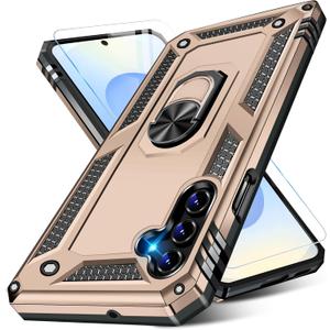 Heavy Duty Case for Samsung Galaxy S25 Phone Case with Screen Protector, Military Grade Shockproof Rugged Protective Cover for Samsung S25, with Metal Ring Magnetic Kickstand (Gold)