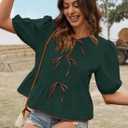 Falechay Womens Summer Tops Bowknot Puff Short Sleeve Blouses Dressy Casual Cute Babydoll Flowy Peplum Shirt for Women (Green, L)