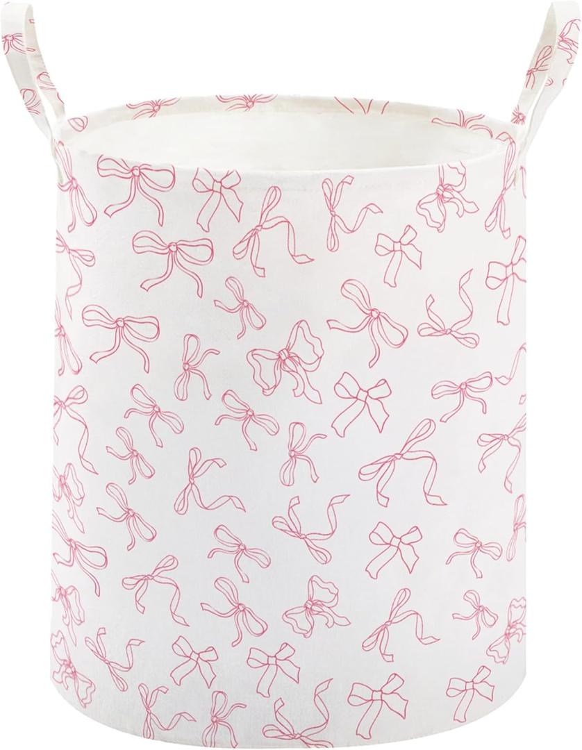 TECHMILLY Large Storage Basket for Girls and Boys, Collapsible Laundry Hamper with Long Handles, Toy Bins for Nursery, Kids Room Dcor (Bowknot)