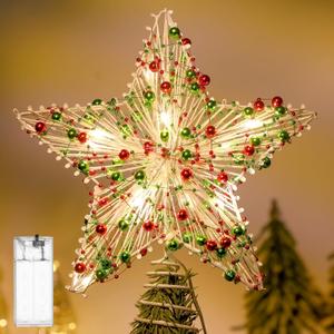 Christmas Star Tree Topper 8.3" Red Green Berries Decor 3D Star Treetop LED Lights Battery Powered Xmas Tree Ornament for Christmas Party Indoor Outdoor Home Decoration