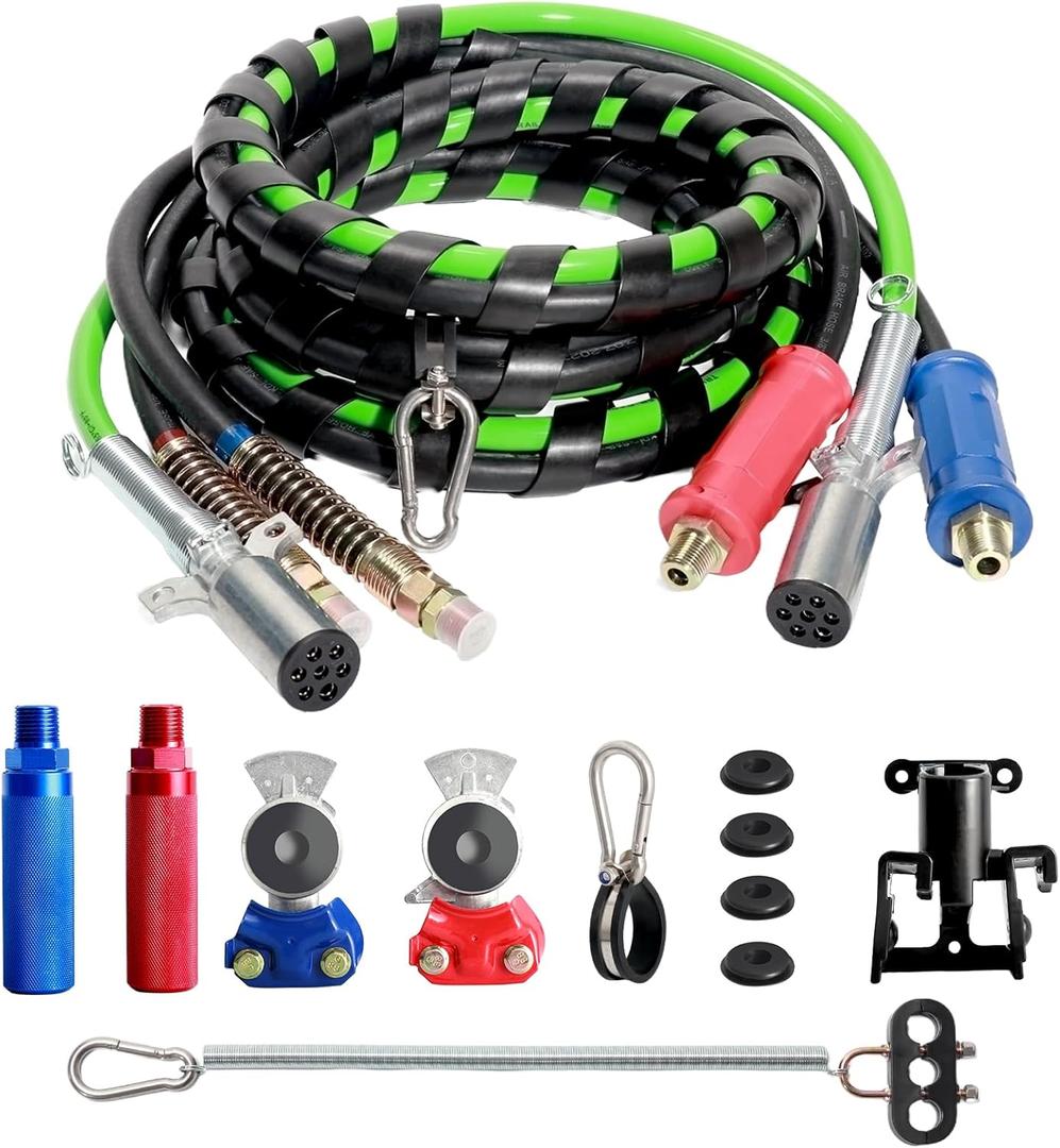 TIROL Semi Truck Air Line Kit - 12FT 3 In 1 Air Brake Hoses & Power Air Line Wrap 7 Way Trailer Cord With Gladhands,Handles,Holder,Tender Spring Kit,Seals For Semi Truck Trailer Tractor