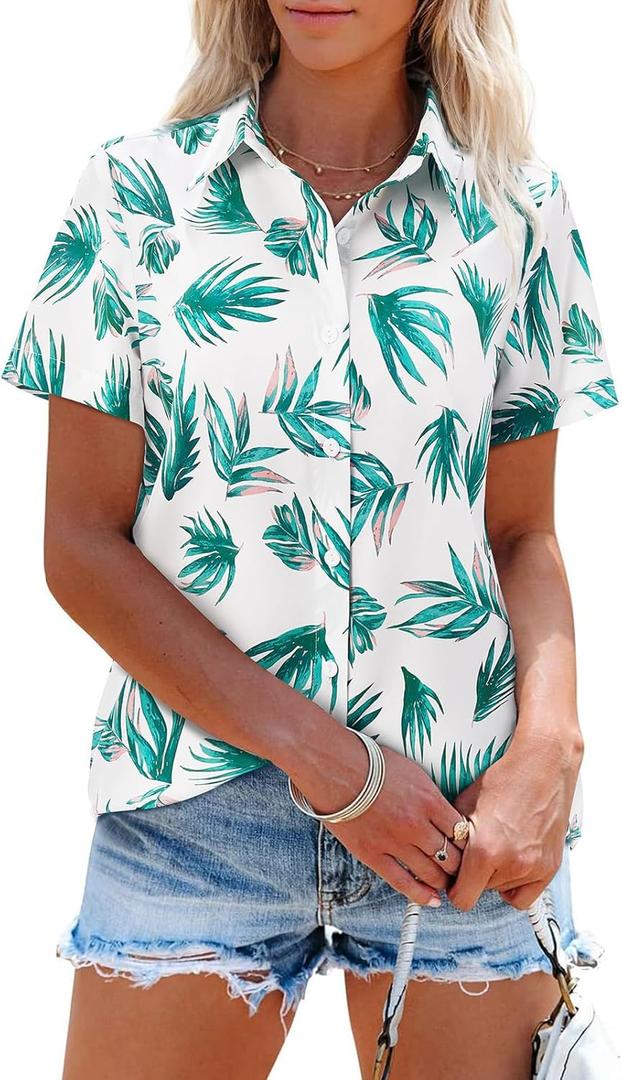 siliteelon Womens Short Sleeve Button Down Shirts Summer Blouses Casual Tops Hawaiian Tropical Floral Printed Camp Shirts (S)