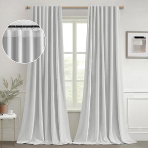Woaboy Back Tab Greyish White Light Blocking Curtains 92 Length 2 Panels, Long Curtains for Living Room Bedroom Pinch Pleated Thermal Insulated Room Darkening Blackout Ceiling Track Drapes with Hooks