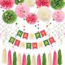 Pink and Green Birthday Decorations for Women Girls, Tissue Paper Pom Poms, Happy Birthday Banner, Paper Tassel, Circle Garland & Hanging Swirl Party Decoration