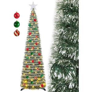 5 FT Pop Up Christmas Tree with Timer Lights and Decorations, Green Tinsel Artificial Christmas Tree with 24 Balls Ornaments, Collapsible Pencil Tree for Xmas Home Office Party Decor (Dark Green - White Edges)