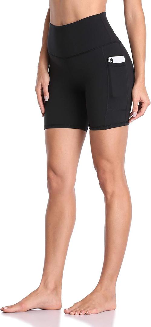 Colorfulkoala Women's High Waisted Biker Shorts with Pockets 6" Inseam Yoga Tummy Control Short (Black), Small