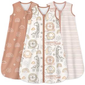 Yoofoss Baby Sleep Sack 6-12 Months 0.5 Tog Wearable Blanket for Baby, 3 Pack 100% Cotton Infant Toddler Sleeping Sack 2-Way Zipper Lightweight Sleep Sack (6-12 Months, Brown Animal)