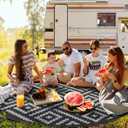 GENIMO 8' Round Outdoor Rug for Patios Clearance, Reversible Plastic Straw Rugs, RV Camping Mat for Camper, Balcony, Backyard, Picnic, Deck, Black & Gray