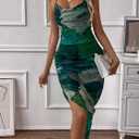 LIGHT DOT Women's Spaghetti Strap Printed Bodycon Ruched Midi Cocktail Dress Sexy Cowl Neck Tie Dye (Green, L)