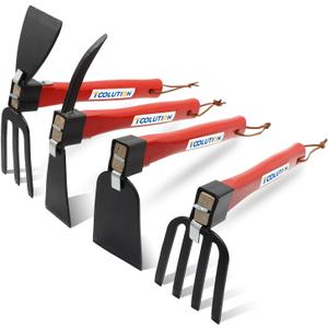 4-Pcs Gardening Tool Set  Pick Axe, Hoe, Hand Tiller & Garden Rake with 10.6" Wooden Handles, DIY Assembly Required, Garden Tools for Digging, Soil Loosening, Weeding & Cultivating