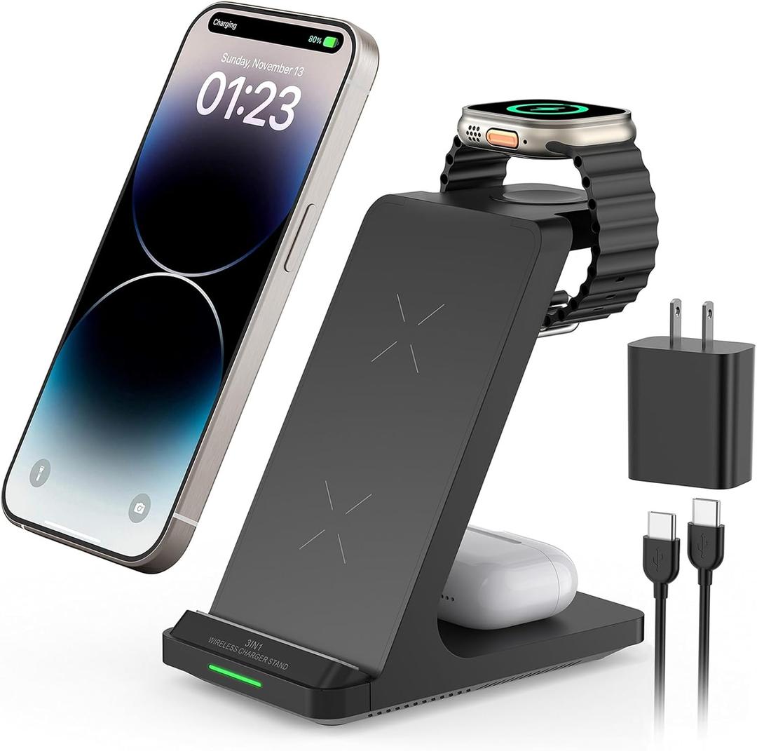 Wireless Charging Station, 3 in 1 Fast Wireless Charger Stand for Multiple Devices Apple Watch Ultra Series 11 10 9 8 7 6 SE 5 4 3 2, iPhone 17 16 15 14 13 12 11 Pro Max/Plus/Air/X/XS/XR, Airpods Pro (Black)
