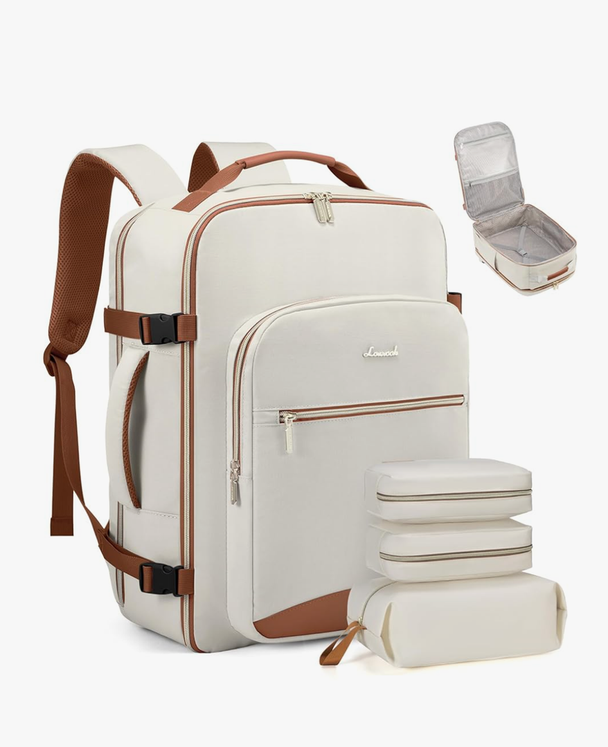 LOVEVOOK Carry on Travel Backpack, 40L Waterproof Large 17inch Laptop Luggage Daypack as Personal Item Flight Approved, Business Weekender Overnight with 3 Packing Cubes, Beige-Brown