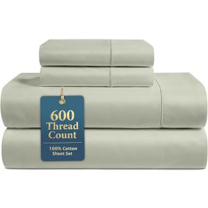 LANE LINEN King Size Sheets 600 Thread Count Long-Staple 100% Cotton King Bed Sheets, Sustainably Produced & Oeko-Tex Certified, Soft Silky Sateen Finish, 15" Deep Pocket Fitted Sheet Mineral