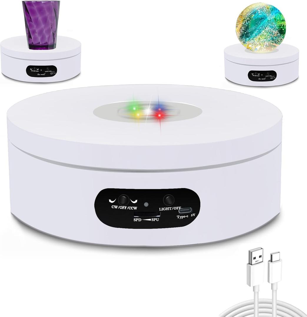 YVV Rotating Display Stand, Spinning Display Stand with Colored Lights, Lighted LED Base for Glass Art , Electric & Battery-Operated Platform 4.72in, Adjustable Speed Electric Turntable White