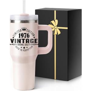 Insulated Water Bottle with Straw Handle Pink Spill Leak Proof Tumbler Cup Cute Smoothie Coffee Mug Women 50th Birthday for Her 50 Years Old 1976 Funny Gift Cool Decorations Best Unique Birthday Party