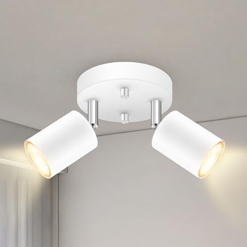 2 Light Track Lighting Fixtures Ceiling, Matte White Round Directional Ceiling Spotlight, GU10 Flush Mount Track Fixture, Flexibly Rotatable Light Head for Kitchen/Living Room, Bulb Not Included
