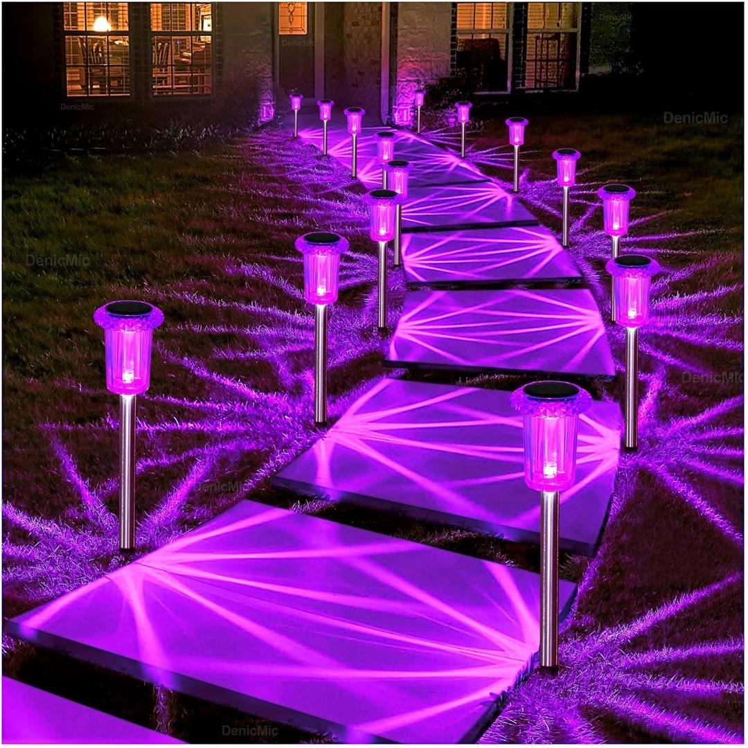 DenicMic Solar Lights Outdoor 10 Pack Waterproof Purple LED Stainless Steel Stake Outside Lights for Yard Pathway Garden Driveway Walkway Landscape Path Lighting Halloween Decorations Outdoor