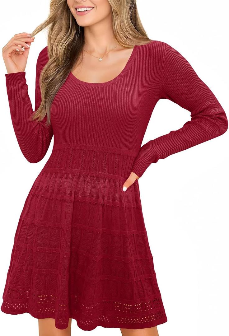 Wenrine Womens Long Sleeve Sweater Dress Knit Crochet Casual A Line Flowy Skater Mini Dresses (Burgundy) Small