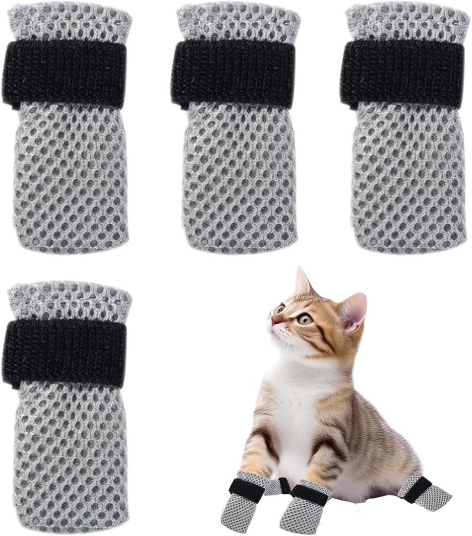 4 Pcs Cat Mittens to Prevent Scratching for Pets with Paw Inner Diameter up to 1.35 Inches, Adjustable Breathable Mesh Kitten Shoes Socks Booties for Only Grey