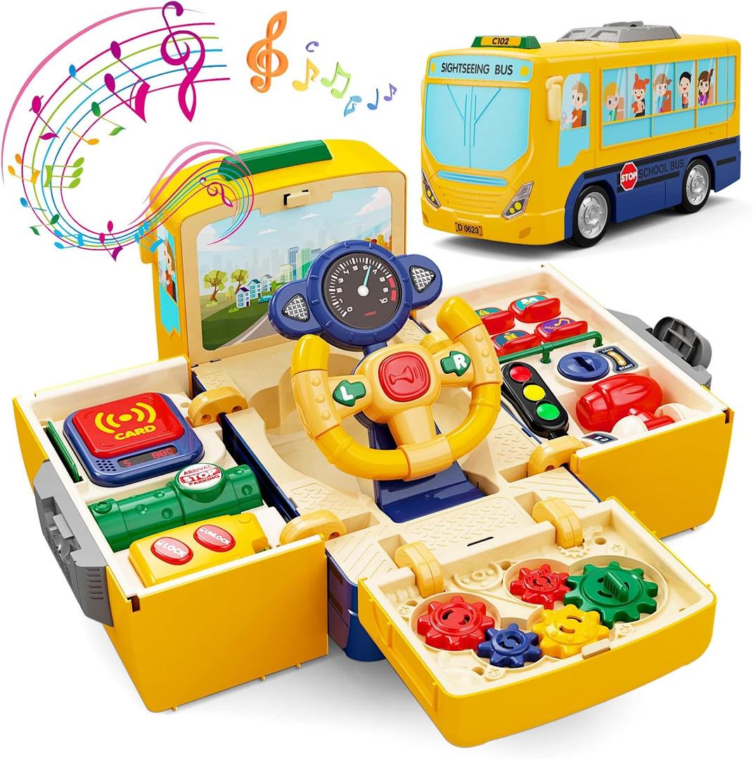 HONGTUO School Bus Toy with Sound and Light Simulation Steering Wheel Driving Toy Toddlers School Bus Toys with Music Education Knowledge Simulate School Scenes Gift for 3-5 Boys & Girls