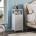 WLIVE Night Stand Set of 1 with Charger Station, White Nightstand Sets with LED Light and 4 Storage Drawers, Tall Dressers for Bedroom, Bedside Table Set with Fabric Bins, Wood Shelf, Metal Frame