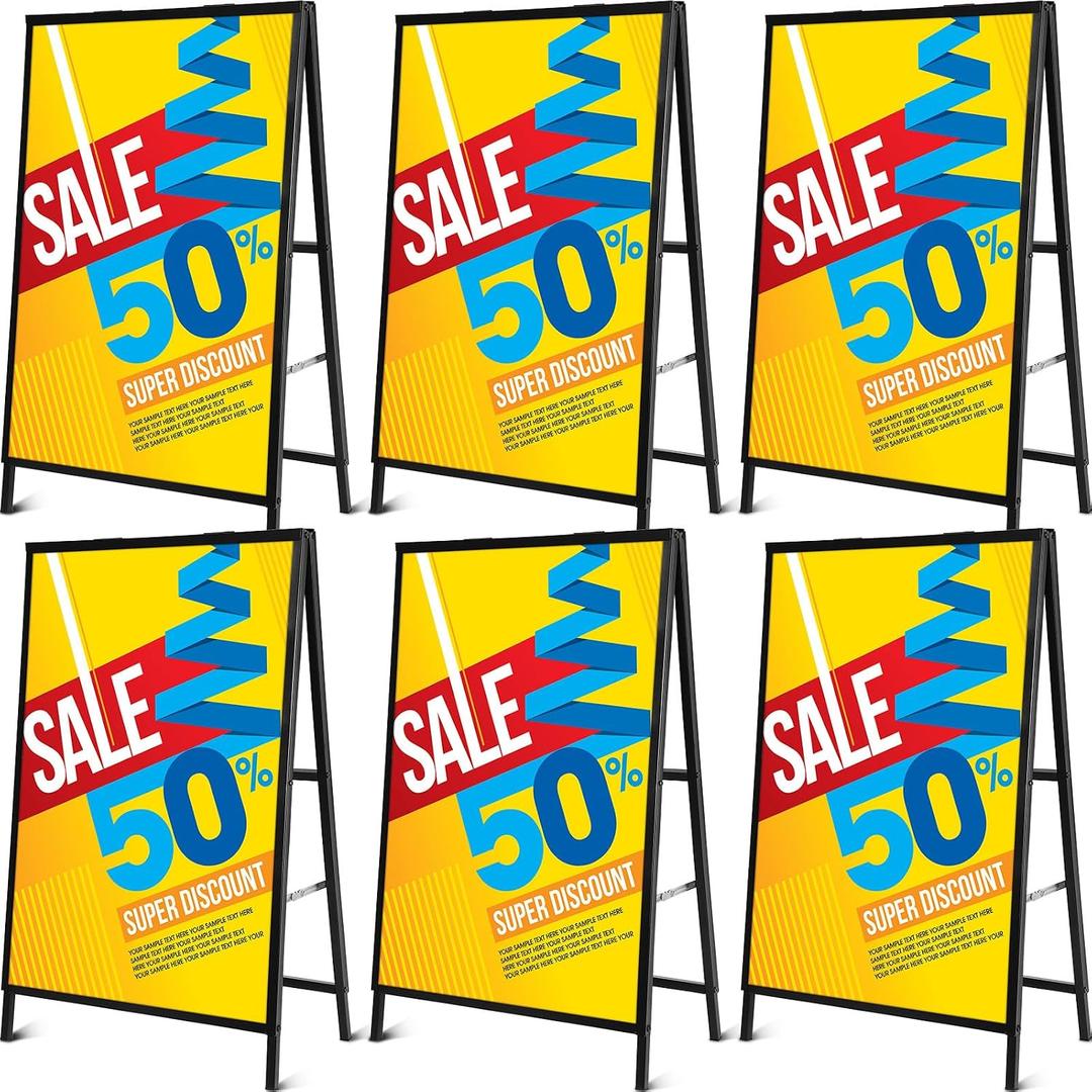 Kigley 6 Pcs A Frame Sign 24 x 36 Inch Folding Sidewalk Sandwich Board Signs Heavy Duty Double Sided Metal Poster Board Display Stand for Businesses Indoor Outdoor Street Store Advertising Poster