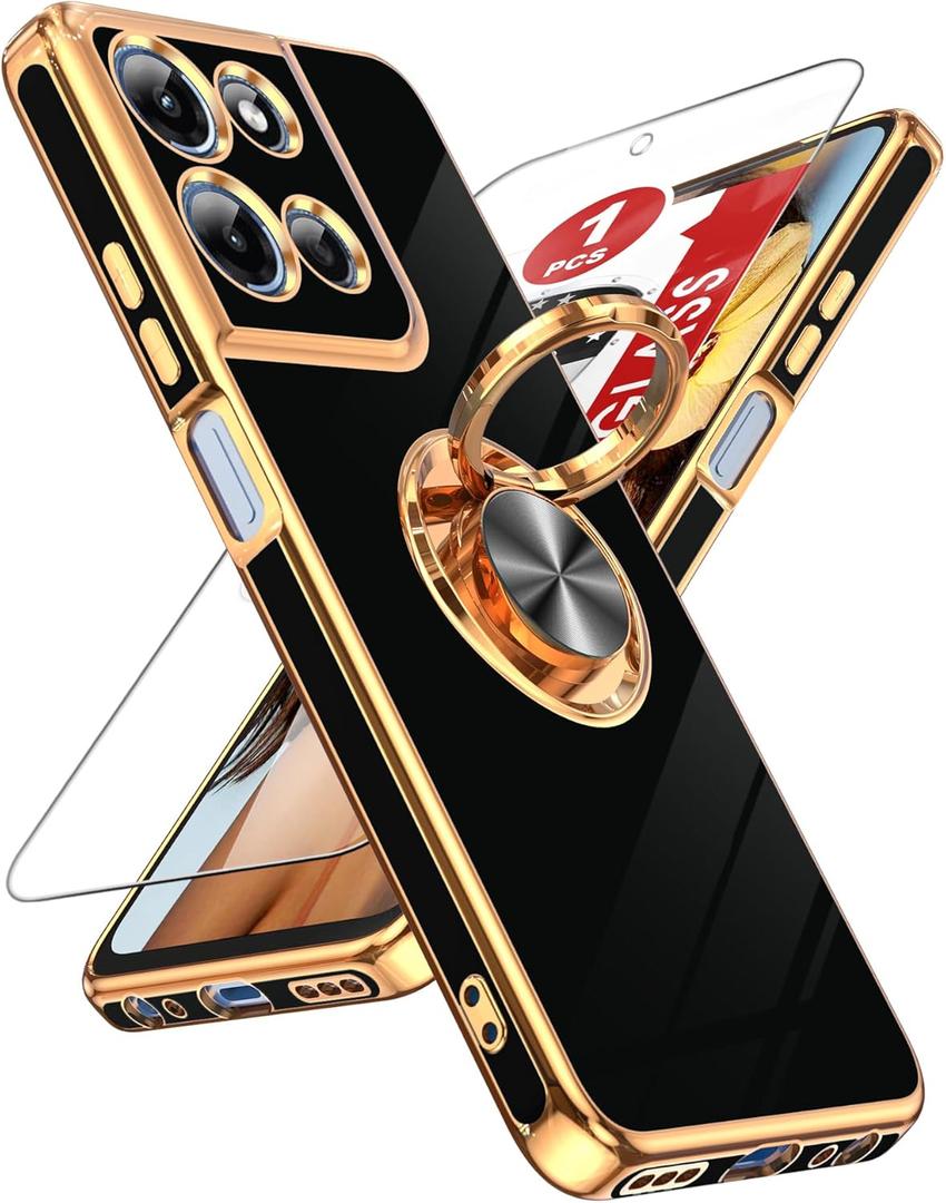 LeYi for Moto-G-5G-2025 Case:      1 Pack Tempered Glass Screen Protector and 360 Rotatable Ring Holder Magnetic Kickstand, Plating Rose Gold Edge Case, Black