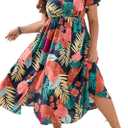 Floerns Women's Plus Size Boho Hawaiian Tropical Dresses V Neck Short Sleeve Floral A Line Long Dress Vacation Beach Outfits (XXXL)
