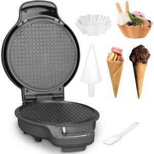 Baker's Friend Waffle Cone Maker Machine with Browning Control, 7.5 Ice Cream Cone Maker, Cone Roller & Bowl Press Included,Thin Waffle Maker Crispy, Nonstick Waffle Bowl Maker,Graphite