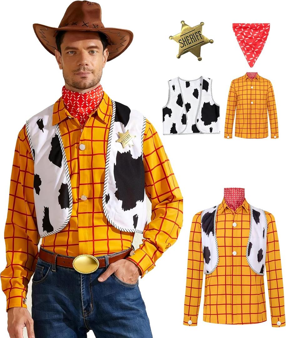 Mens Western Cowboy Sheriff Costume Button Down Adults Fancy Striped Shirt Kit (Yellow, XXL)