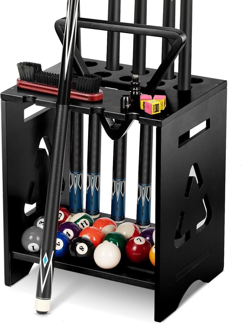 EXTCCT Pool Stick Holder Floor Stand - Hardwood Solid Wood Pool Cue Rack for 10 Cues, Billiard Cue Holder with Pool Table Accessory Organizer for Game Room or Home Bar（black）